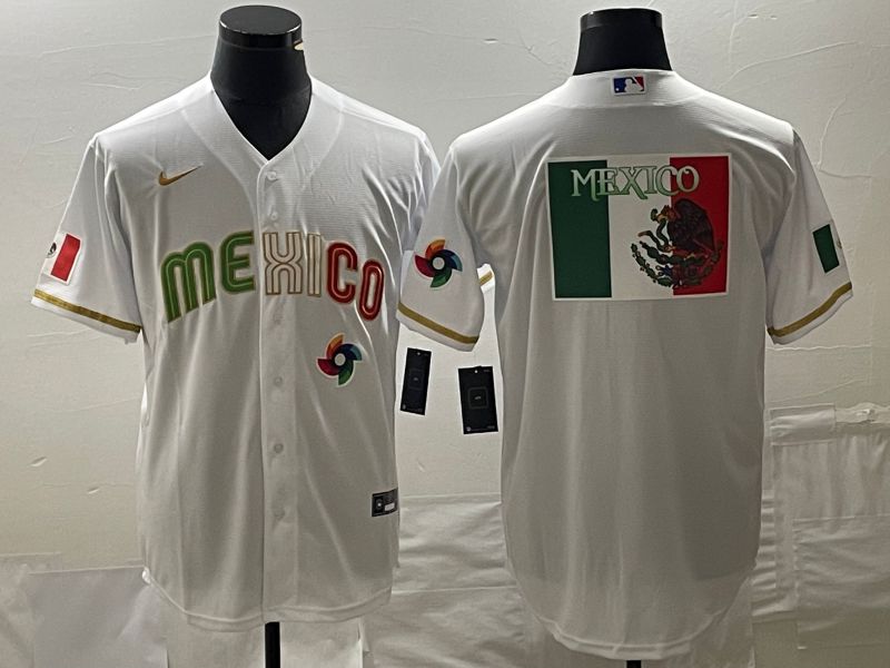 Men 2023 World Cub Mexico Blank White gold Nike MLB Jersey7->more jerseys->MLB Jersey